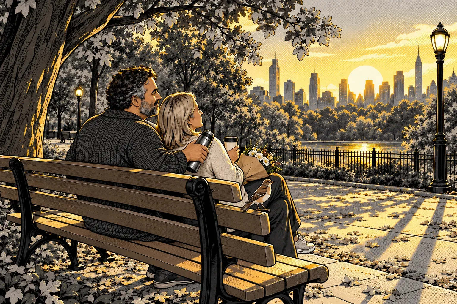 Ink and halftone illustration of the curly-haired man and his blonde friend on a park bench in autumn, seen from behind. His arm rests around her shoulders with a thermos in his hand, she holds a paper cup with a small bunch of flowers on her lap, and a small brown bird perches on the bench back beside them.