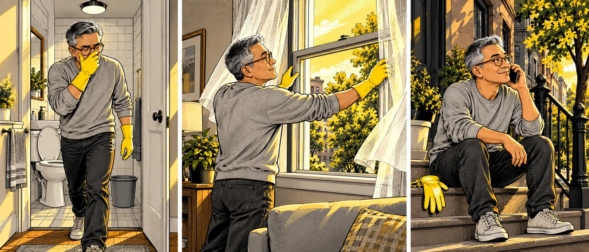 Three-panel ink and halftone illustration of the same man in yellow rubber gloves. In the first panel he walks out of a small tiled bathroom with a hand over his nose and mouth, leaving a bucket by the toilet. In the second he pushes a living room window wide open as the curtains blow in. In the third he sits on the front steps outside with his gloves off beside him, talking on the phone.