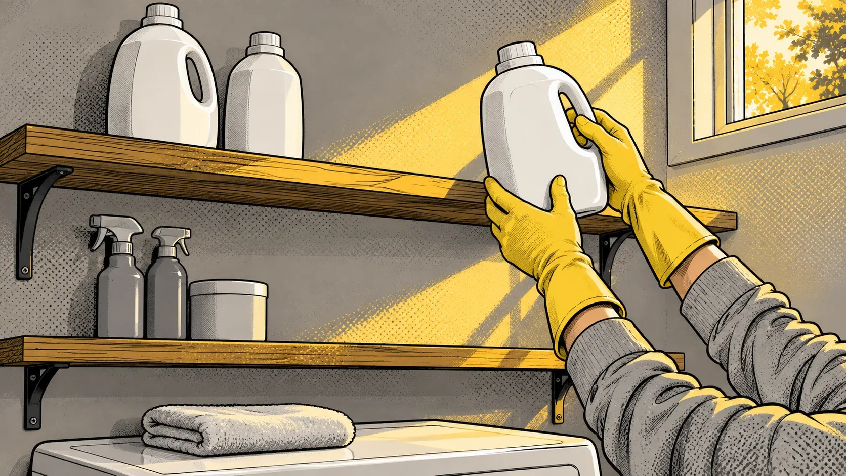 Ink and halftone illustration of a laundry room. Two hands in yellow rubber gloves and grey sleeves lift a plain white jug onto a high wooden shelf that holds two other plain jugs with open space around them. On the shelf below, plain grey spray bottles and a tub sit apart, above a washing machine with a folded towel, as sunlight comes through a small window.