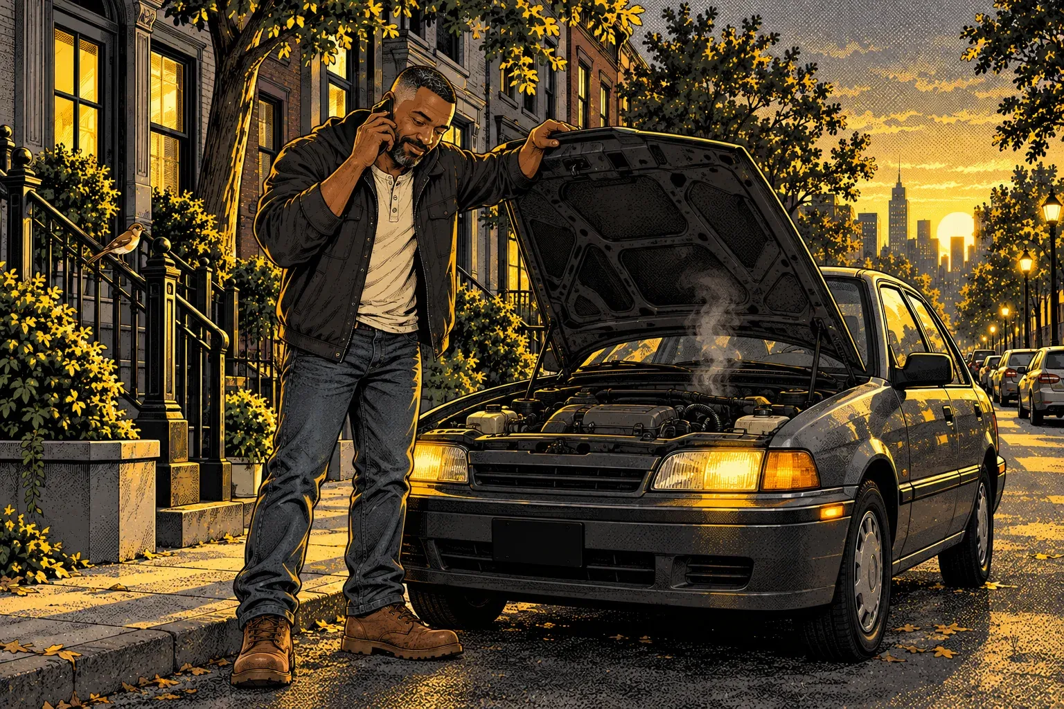 Ink and halftone illustration of a quiet street of brick row houses at sunset. The broad-shouldered man with the grey-flecked beard, dark jacket, jeans and brown work boots stands at the front of an older grey sedan parked at the curb with its hood raised, one hand on the hood and a phone at his ear, while a wisp of steam rises from the engine. A small brown bird sits on an iron stoop railing behind him.