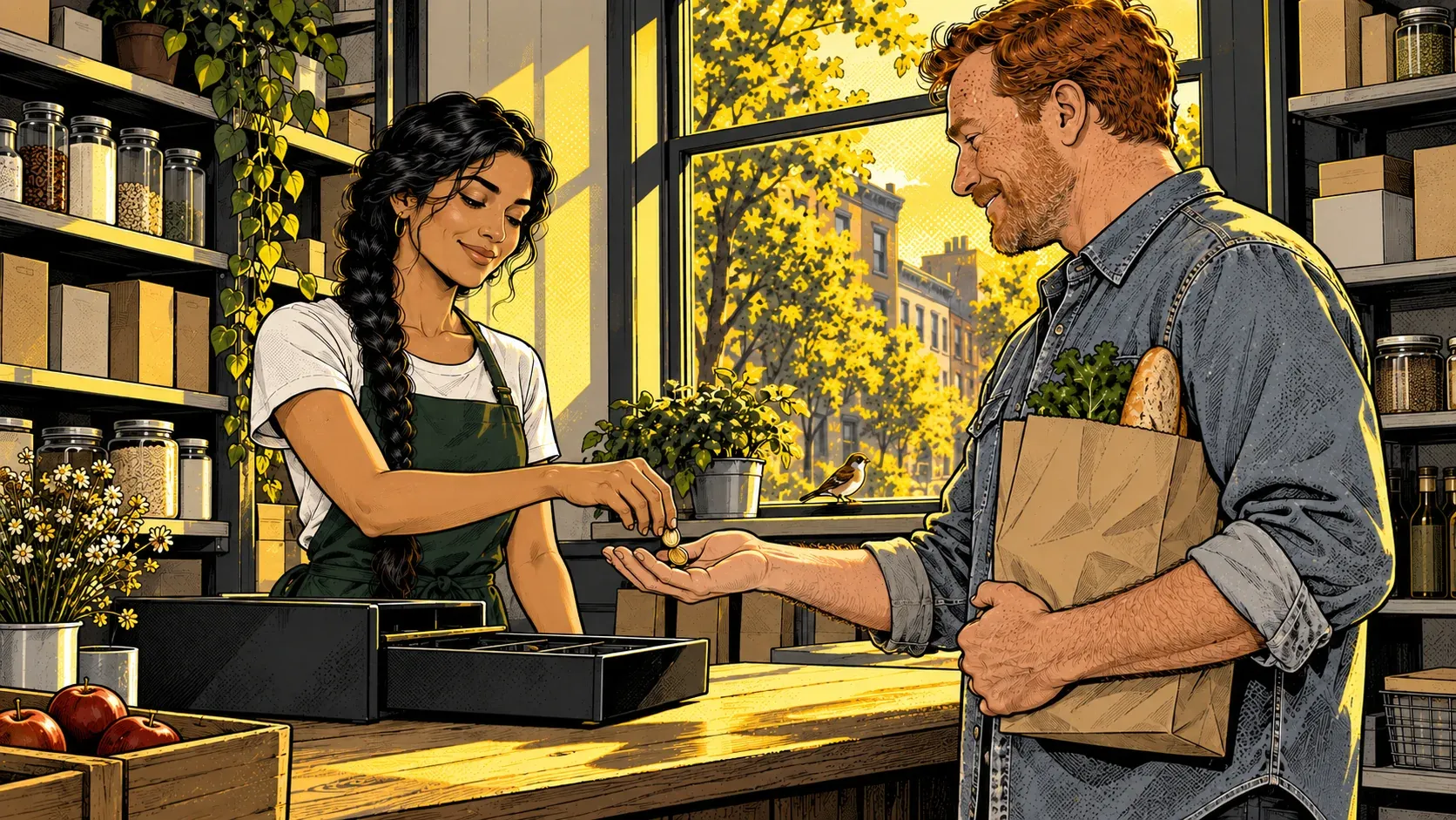 Ink and halftone illustration of a small corner shop in late afternoon sun. Across a wooden counter, a young South Asian woman with a long black braid, a white t-shirt and a dark green apron drops coins into the open palm of a red-haired, freckled man in a denim shirt who holds a paper grocery bag. An open cash drawer sits on the counter, shelves of plain jars line the walls, and a small brown bird sits on the window ledge.