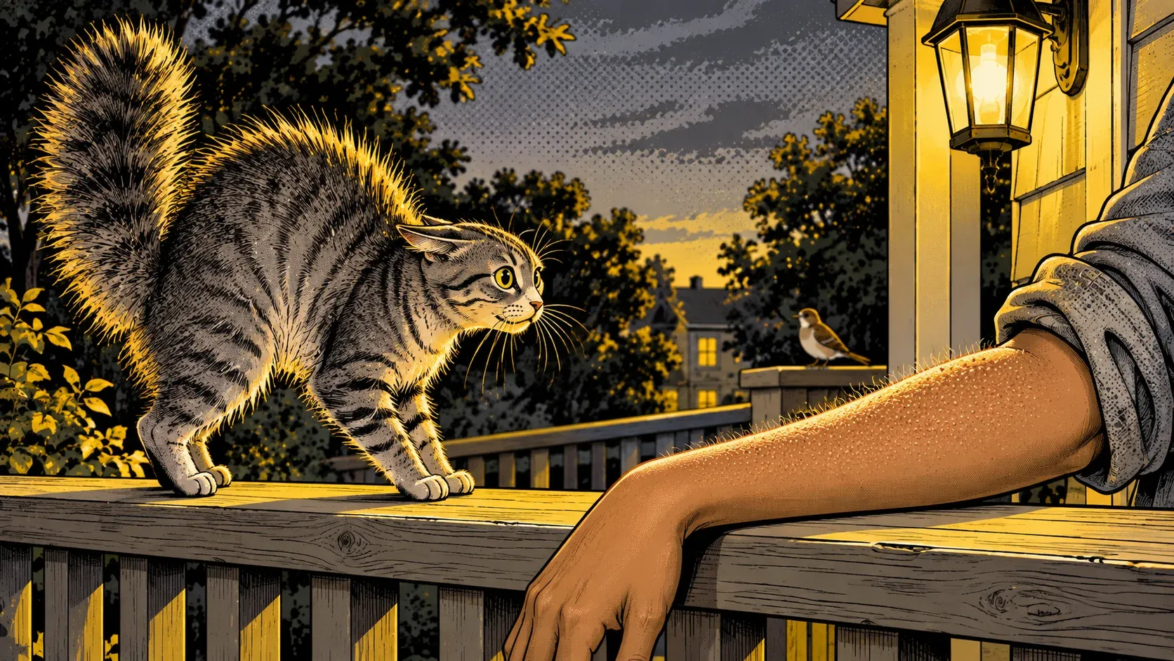 Ink and halftone illustration of a grey tabby cat on a wooden porch railing at dusk, back arched and fur bristling along its spine and tail. Beside it, a woman's bare brown forearm rests on the same railing below a pushed-up grey sleeve, covered in small raised bumps with fine hairs standing up. A porch lamp glows yellow and a small brown bird sits farther along the railing.