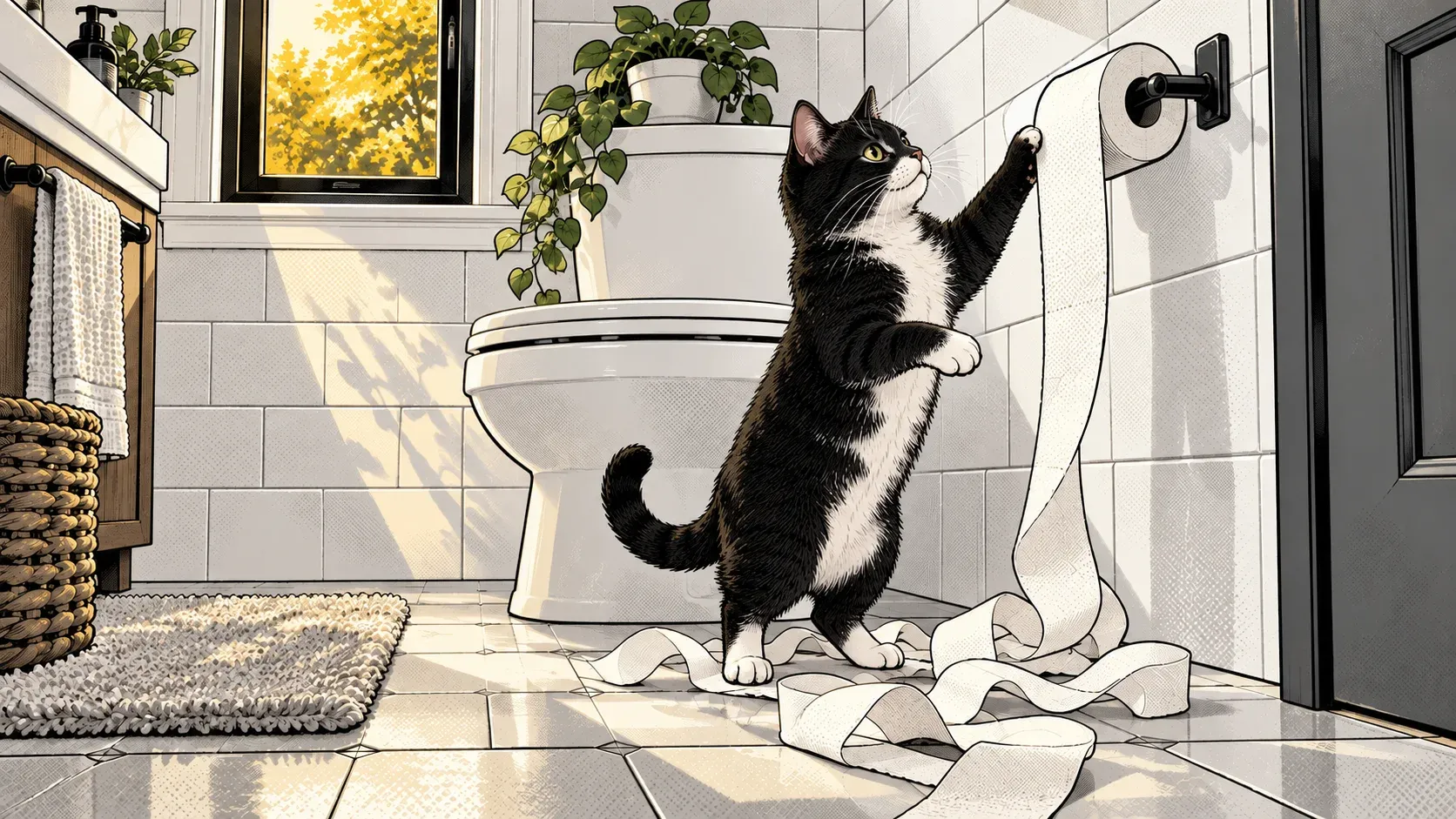 Ink and halftone illustration of a small bathroom in afternoon light. A black-and-white tuxedo cat stands on its hind legs beside the toilet with one paw on a toilet paper roll hung over the front of a wall holder, and a long ribbon of unrolled paper loops across the tiled floor around its feet.