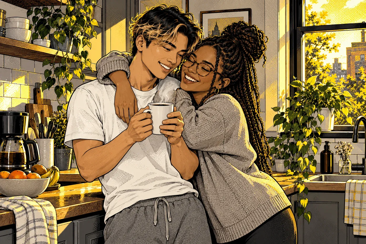 Ink and halftone illustration of a young man with bleached tips in a white T-shirt and grey sweatpants holding a steaming white mug of coffee in a sunny apartment kitchen, while his partner, a woman with long box braids, round tortoiseshell glasses and an oatmeal-grey sweater, hugs him around the shoulders. Both are laughing, with houseplants and a coffee pot on the counter behind them.
