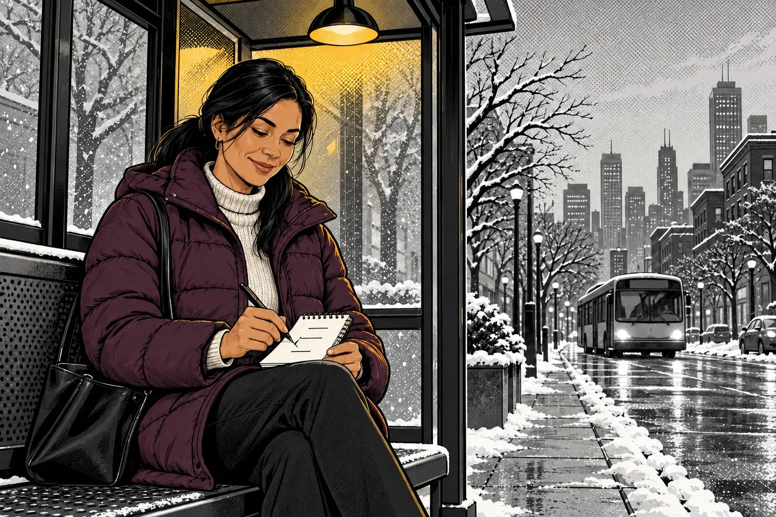 Ink and halftone illustration of a city bus shelter on a snowy winter morning. A woman in her 40s with long black hair in a low ponytail, a plum puffer coat and a cream turtleneck sits on the bench and smiles as she draws a pen line through one item in a small spiral notepad on her knee, under the shelter's glowing ceiling lamp, while a bus approaches down the wet street.