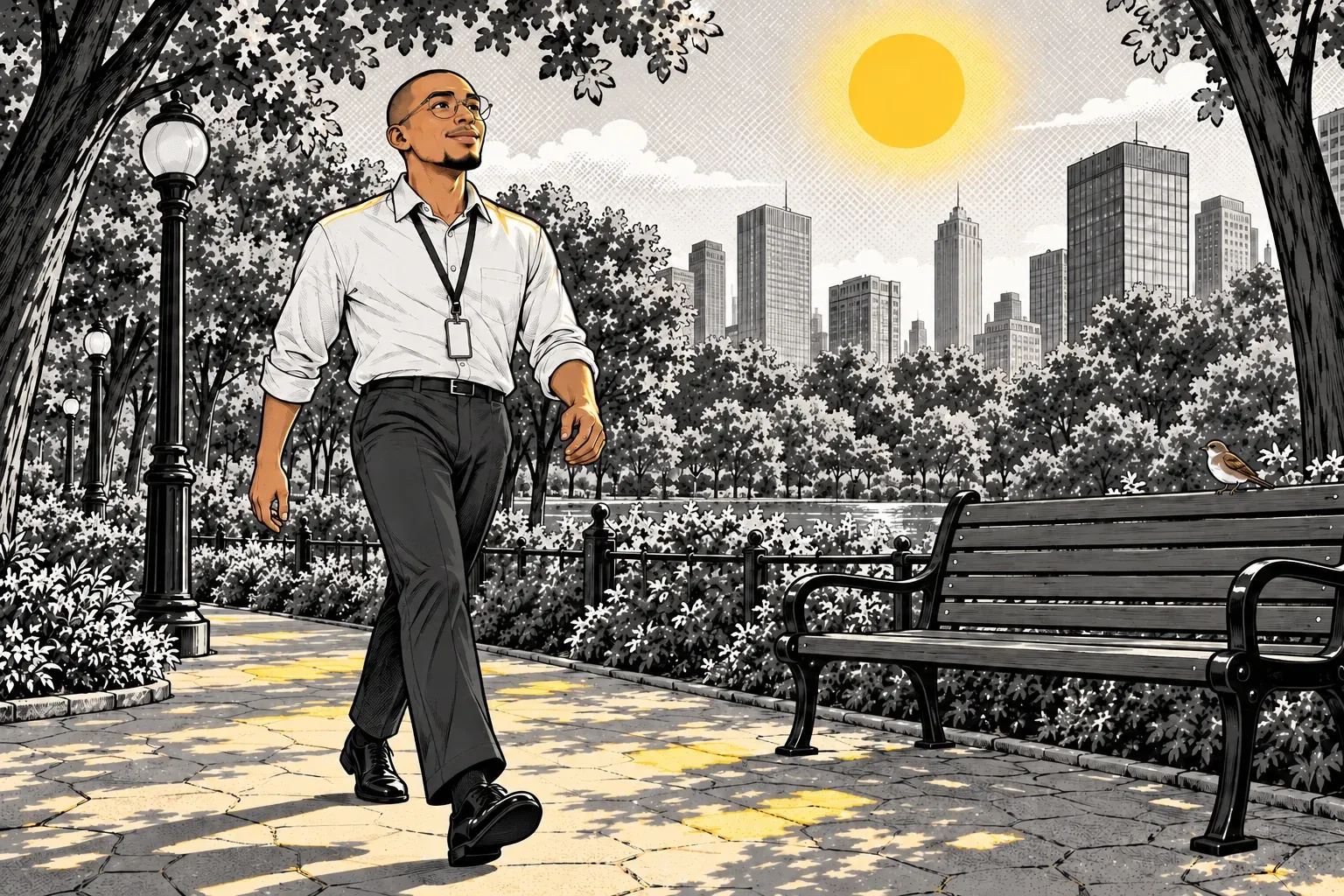 Ink and halftone illustration of the bald man in wire glasses, white shirt and office lanyard walking briskly along a sunlit city park path, looking up with a slight smile. A yellow sun sits high in a grey halftone sky above distant office towers, patches of sunlight fall on the paving stones, and a small brown bird perches on the back of an empty park bench.