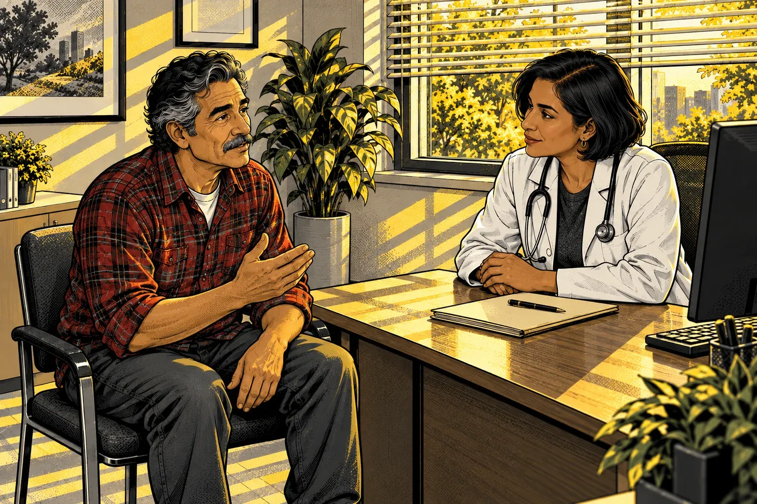 Ink and halftone illustration of the Latino man in his 50s with grey hair, a thick grey mustache and a red plaid flannel shirt sitting beside a wooden desk in a doctor's office, explaining something with one hand raised. Across the desk a South Asian woman doctor in her 40s with a short black bob, a white coat and a stethoscope leans in to listen, a pen resting on a closed folder. Yellow morning sun comes through the window blinds behind them and stripes the desk.