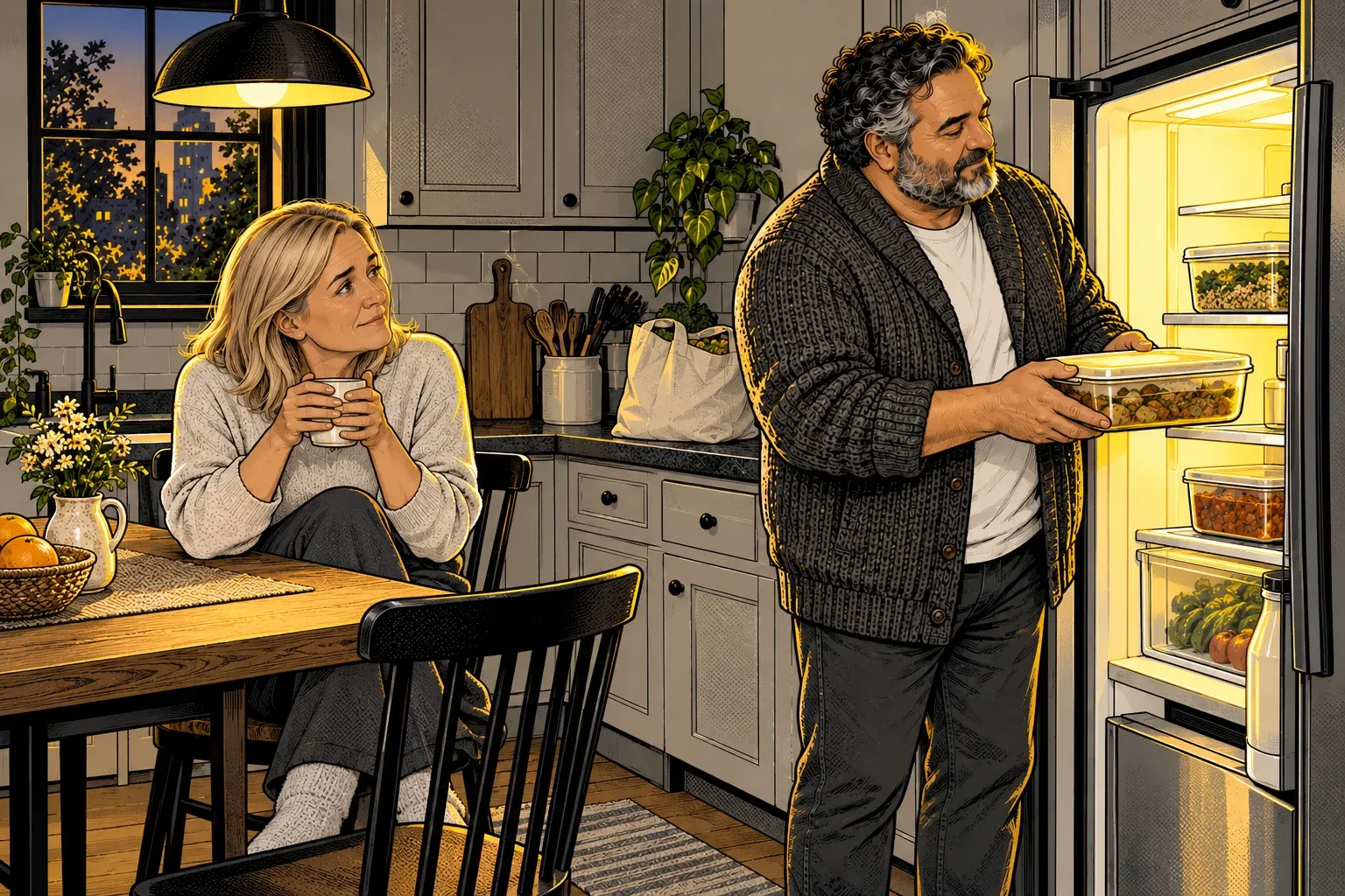 Ink and halftone illustration of the curly-haired man in the grey cardigan sliding a covered dish into his friend's open refrigerator in the evening, beside other containers of food. She sits at her kitchen table in socks, holding a mug of tea and watching him with a tired smile.