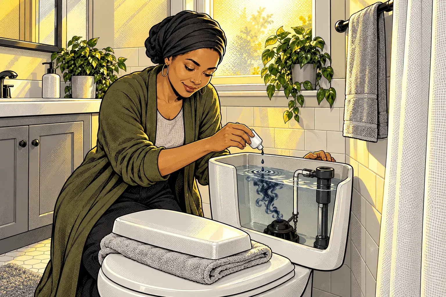 Ink and halftone illustration of a bright home bathroom. The woman in the dark headwrap and long olive cardigan leans over a toilet with its tank lid resting on a folded grey towel on the seat, squeezing dark drops of food coloring from a small dropper bottle into the tank water, where they swirl down toward the flapper.