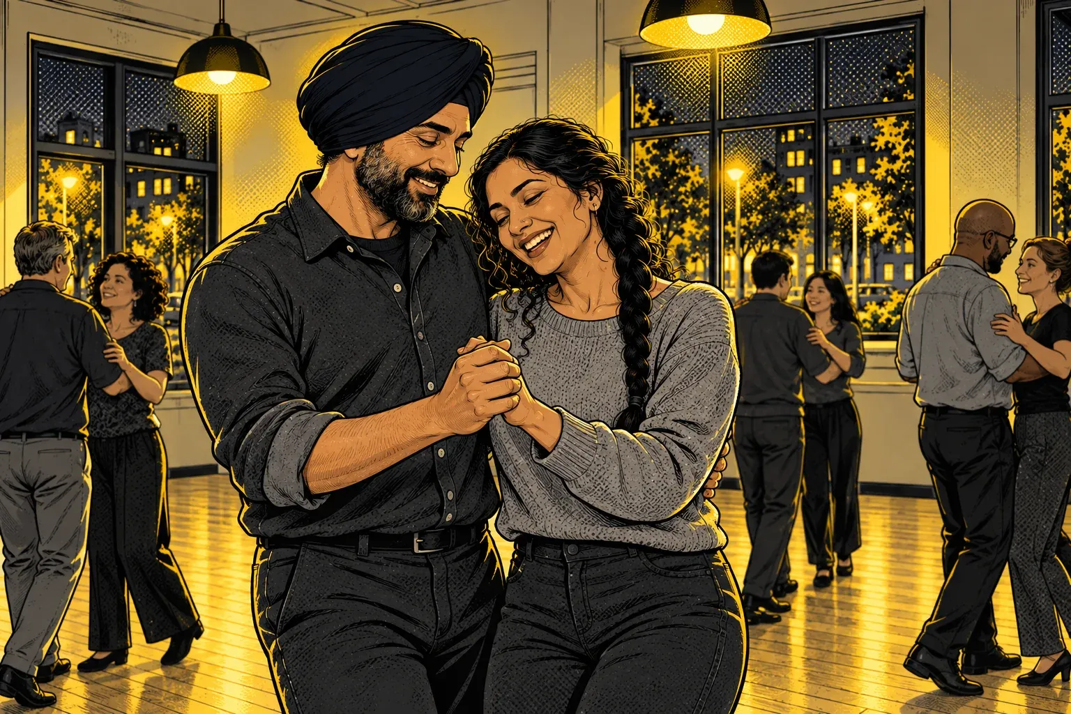 Ink and halftone illustration of the braided woman in a grey sweater and the man in the navy turban laughing at a misstep during an evening beginners' dance class in a community hall, holding hands, while other couples practice behind them under warm pendant lights.