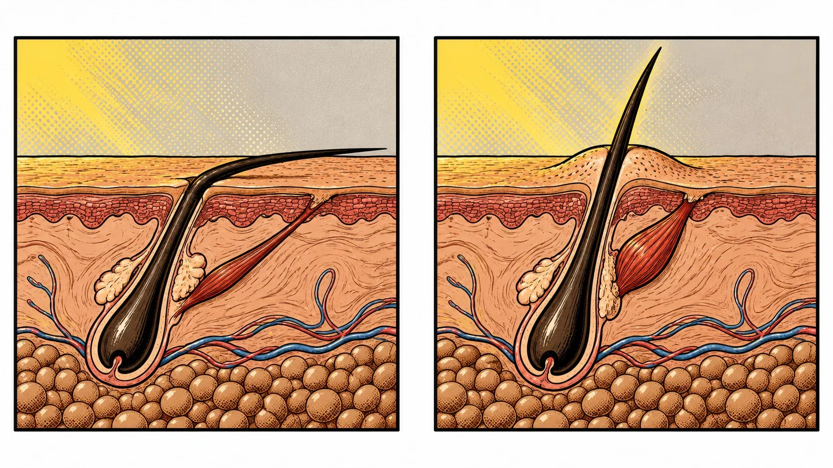 Ink and halftone cross-section of skin shown twice side by side. On the left, a hair grows at a slant from its follicle, a long thin muscle runs from the follicle up toward the surface, and the skin is smooth. On the right, the same muscle is short and thick, the hair stands straight up, and the skin above it bulges into a small bump.