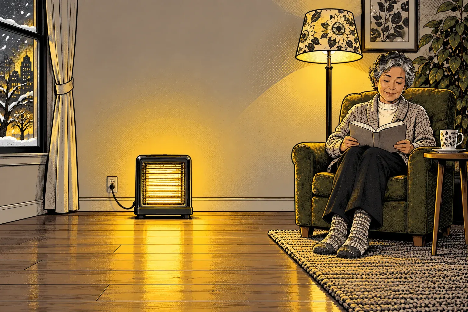 Ink and halftone illustration of a living room on a snowy evening. A glowing electric space heater stands on a bare wood floor against a clear stretch of wall, its short cord plugged straight into the outlet behind it. The curtains are tied back well to the left, and the older woman with short grey hair reads in an olive armchair on a rug several feet to the right, a mug on the side table beside her.