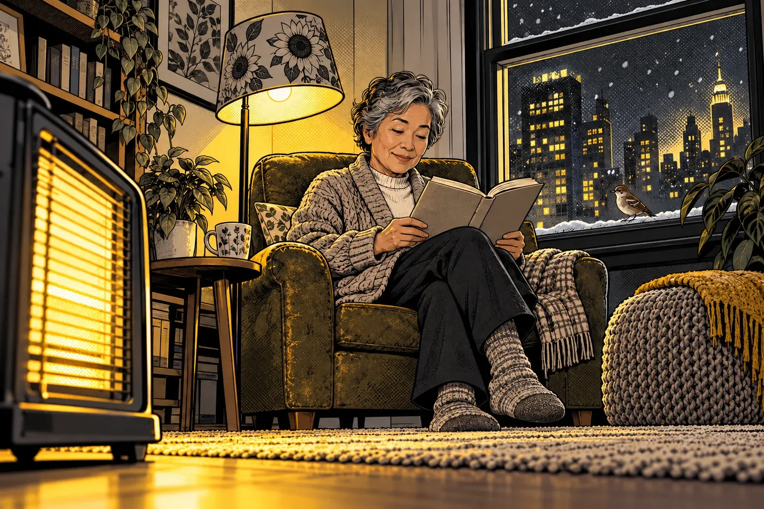 Ink and halftone illustration, seen from floor level, of a small apartment living room on a snowy winter evening. A glowing electric space heater stands in the left foreground. An older East Asian woman with short grey hair, a cable-knit cardigan and wool socks reads a book in an olive armchair under a lit floor lamp. A side table holds a mug beside house plants, and a knit pouf with a yellow throw sits at the right. Through the window behind her a lit city skyline shows through falling snow, and a small brown bird sits on the outside window sill.