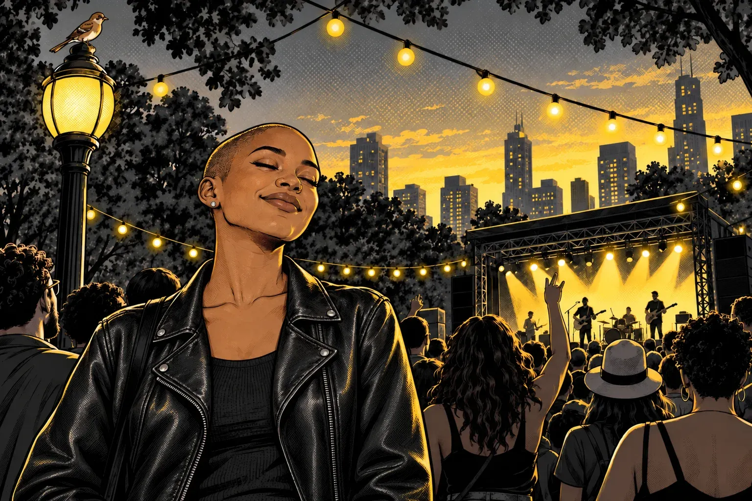 Ink and halftone illustration of a young Black woman with a shaved head, small stud earrings and a black leather jacket over a black top, standing in a crowd at an evening outdoor concert with her eyes closed and a small smile. Strings of glowing yellow lights hang overhead, a band plays on a lit stage behind her, city towers stand against a yellow dusk sky, and a small brown bird sits on top of a street lamp.