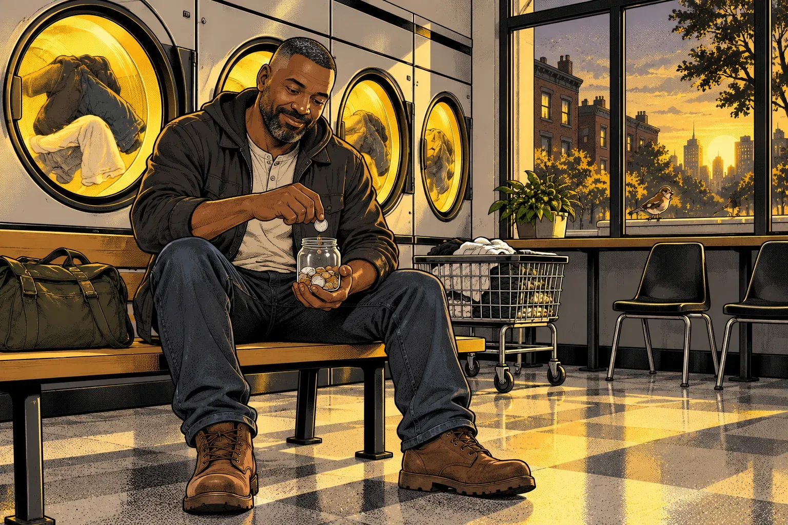 Ink and halftone illustration of a laundromat at sunset. A broad-shouldered Black man in his 40s with a short beard flecked with grey, a dark jacket, jeans and brown work boots sits on a wooden bench and drops a coin into a small glass jar of coins. Front-loading washers with glowing windows stand to his left, and a duffel bag rests on the bench beside him. A laundry cart and two chairs stand by a large window onto a city street, and a small brown bird sits on the sill.