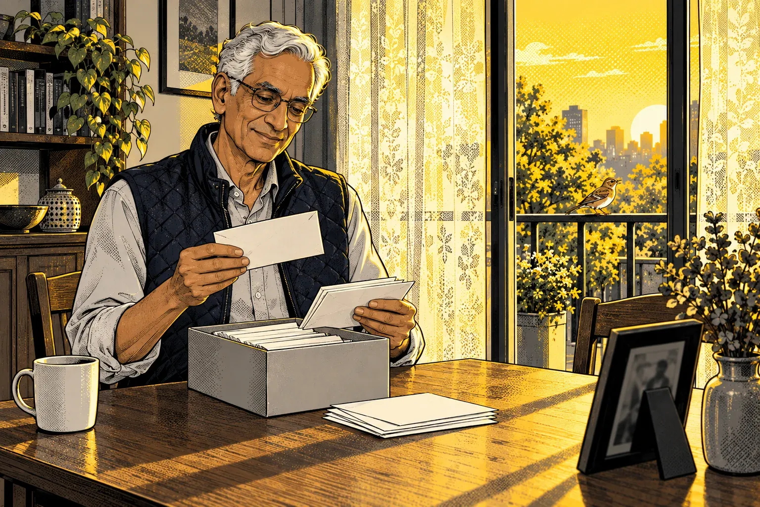 Ink and halftone illustration of a dining room in late-afternoon light. An Indian man in his 60s with white hair, glasses and a quilted navy vest over a grey shirt sits at a wooden table and sorts envelopes from an open box, with a white mug at his elbow and a framed photo nearby. Lace curtains frame a glass door onto a balcony, trees and a city skyline, and a small brown bird sits on the balcony rail outside.