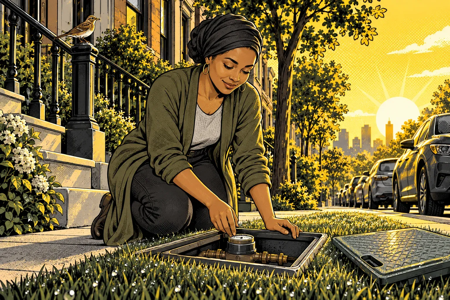 Ink and halftone illustration of a city street at sunrise. A woman in her 30s wearing a dark headwrap, gold hoop earrings and a long olive cardigan kneels on the grass strip at the curb beside an open water meter box, its lid set aside on the grass, and reaches toward the meter inside. Parked cars line the street behind her, the sun rises over a distant skyline, and a small brown bird sits on the railing of a brownstone stoop.