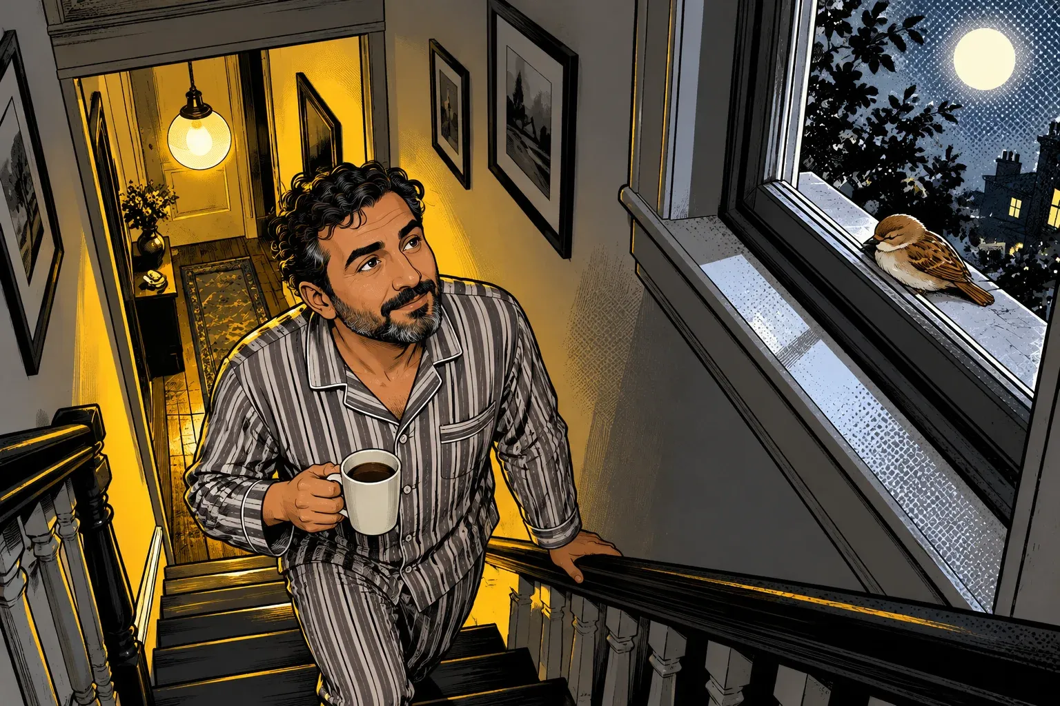 Ink and halftone illustration of a narrow staircase at night. A man in his 40s with dark curly hair, a short beard and striped pajamas pauses partway up the stairs holding a mug and looks up toward the landing window. The hall lamp glows yellow below him, the full moon shines outside, and a small brown bird sleeps on the window ledge.