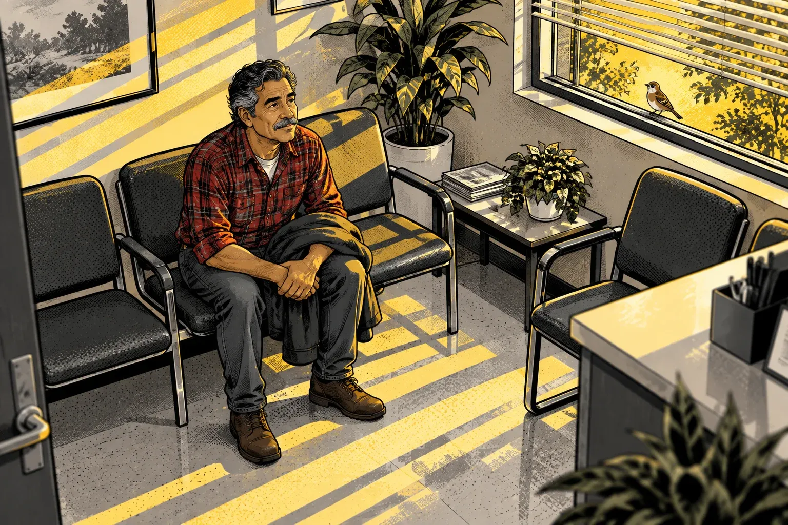 Ink and halftone illustration seen from a high corner of a clinic waiting room. A Latino man in his 50s with grey hair, a thick grey mustache and a red plaid flannel shirt sits on a row of black chairs with a dark jacket folded on his lap. Morning sun through the window blinds lays yellow stripes across the floor, a potted plant and a stack of magazines sit on a side table, the edge of the front desk shows at the right, and a small brown bird sits on the outside window ledge.