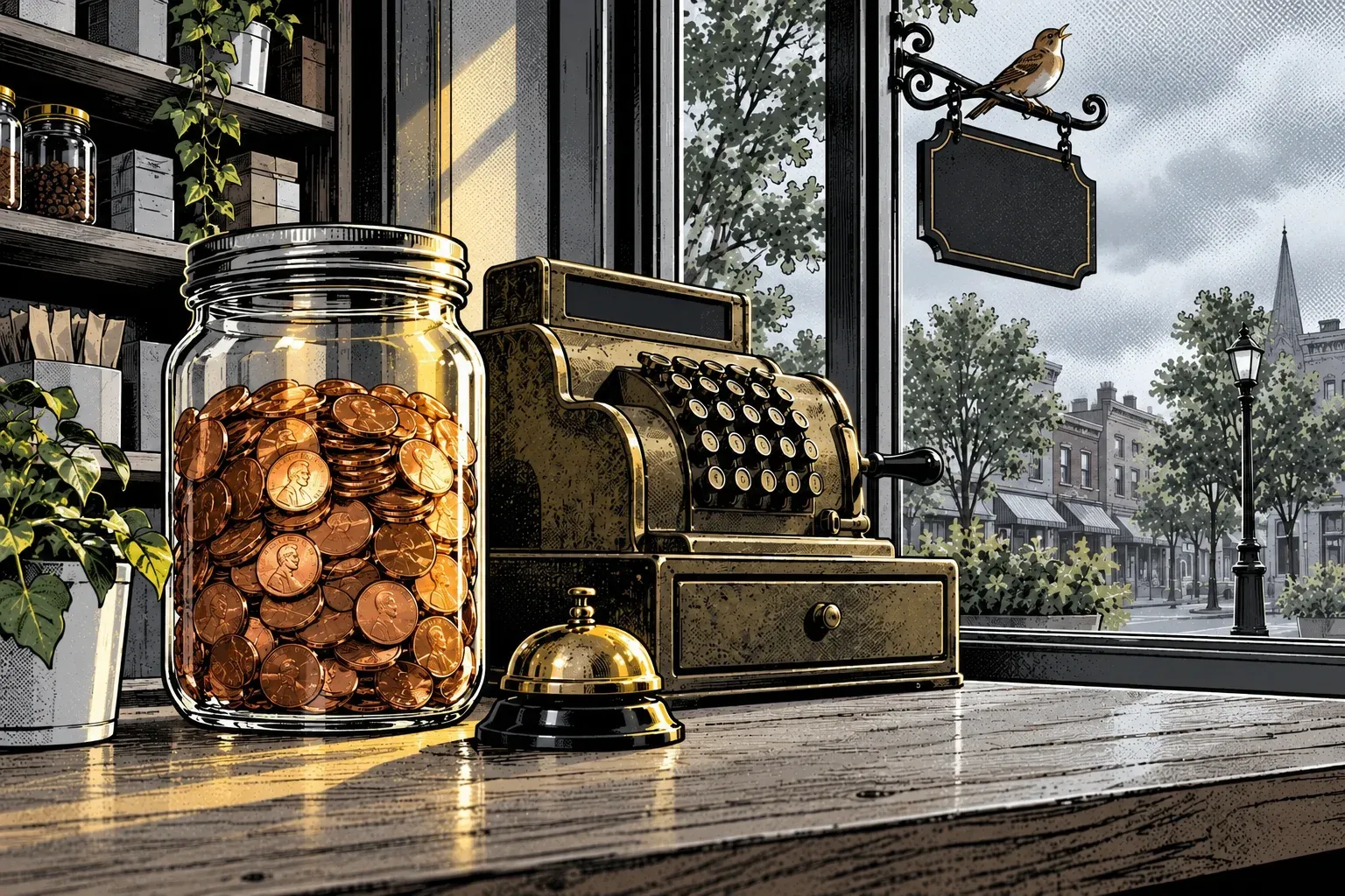 Ink and halftone illustration of a wooden shop counter on an overcast morning, with one narrow beam of sun across it. A large glass jar full of pennies stands beside an antique brass cash register and a counter bell, with potted ivy and shelves of jars behind them. Through the window, a tree-lined street of brick shops sits under a grey sky, and a small brown bird sits on the bracket of a blank hanging sign outside.