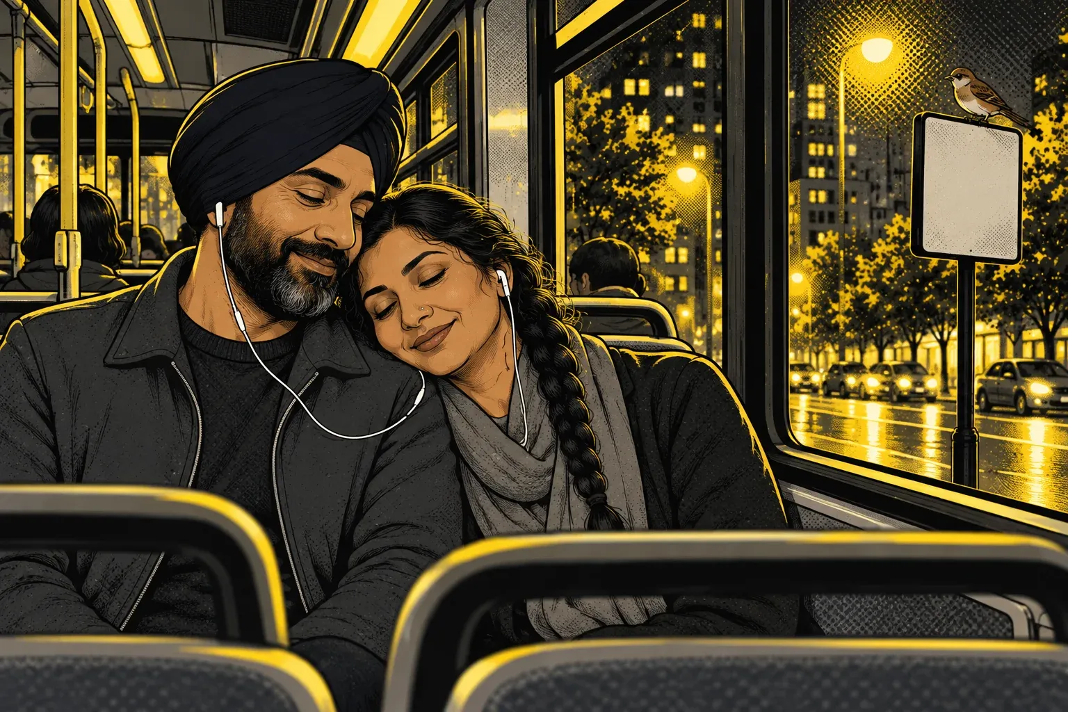 Ink and halftone illustration of a couple on a city bus at night. A woman with a long dark braid and a grey scarf rests her head on the shoulder of her husband, who wears a navy turban and has a grey-flecked beard. Both have their eyes closed and share one pair of wired earbuds. Streetlights glow through the window onto a wet street, and a small brown bird sits on a bus-stop sign outside.