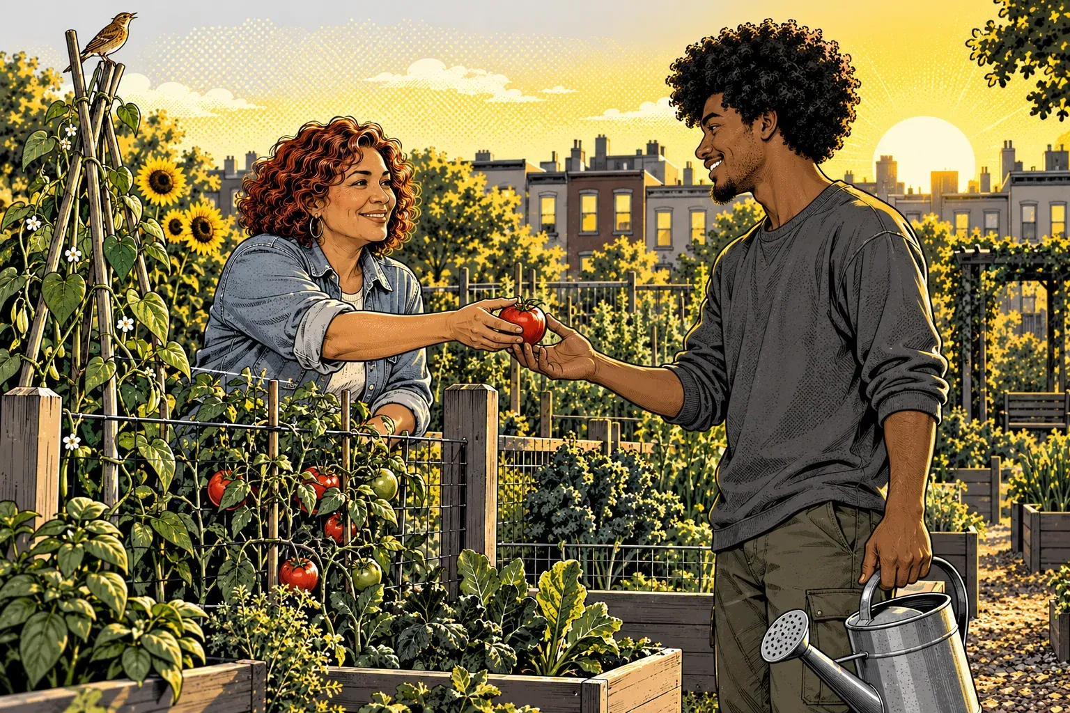 Ink and halftone illustration of a community garden at sunrise. A woman in her late 40s with curly copper hair and a denim shirt hands a ripe tomato across a raised bed of tomato plants to a smiling young man with an afro, a dark grey sweatshirt and a watering can in his other hand. Brick rowhouses stand behind them under a yellow sky, and a small brown bird sits on top of a bean pole.
