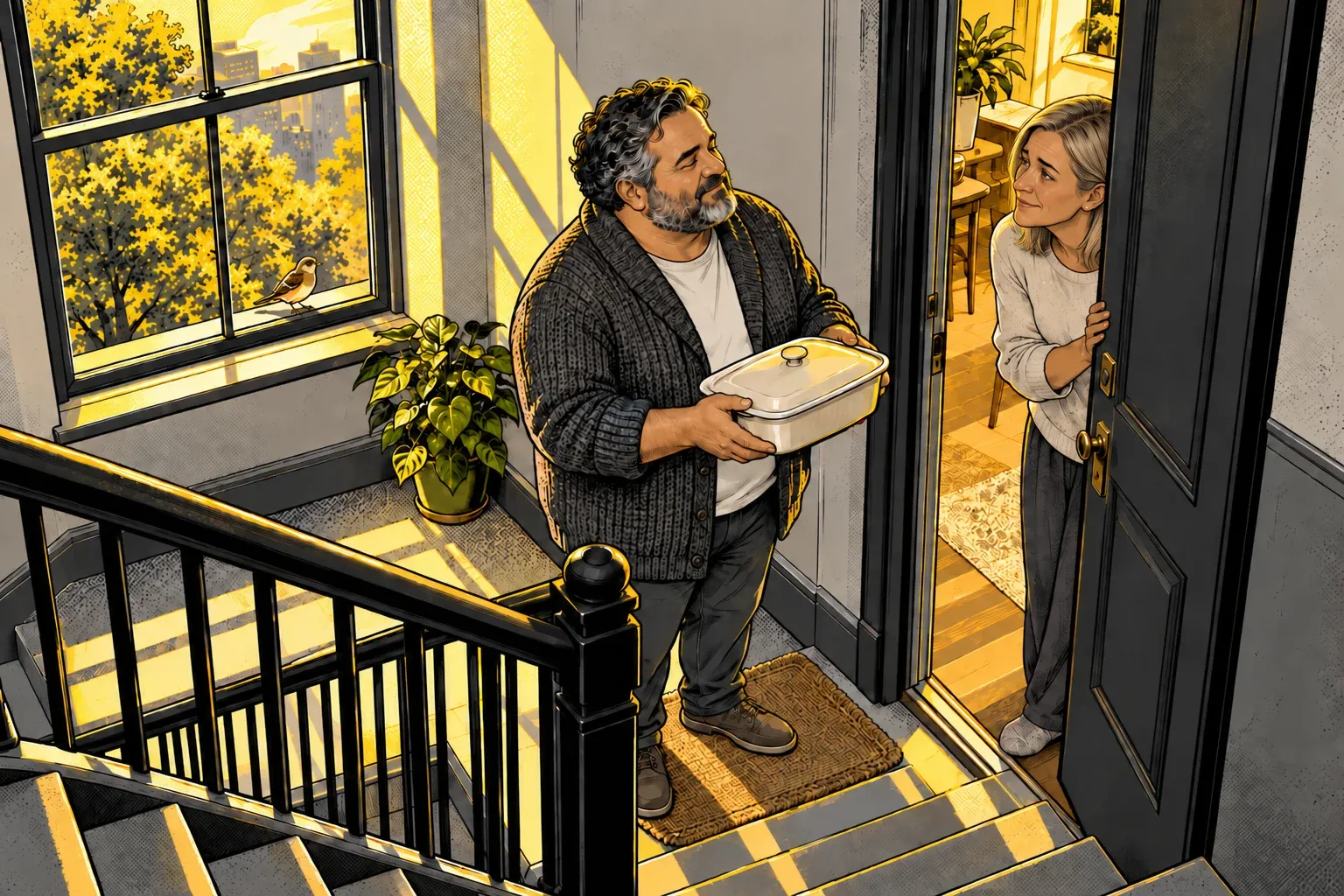 Ink and halftone illustration seen from high above a stairwell banister. A heavyset man in his 50s with curly salt-and-pepper hair and beard, a grey knit cardigan and a white T-shirt holds a covered white casserole dish at an apartment door. A woman in her 50s with shoulder-length ash-blonde hair and a light grey sweater looks out from the half-open door with a tired, small smile. Behind him, sunlight pours through a stairwell window onto a potted plant, and a small brown bird sits on the sill.