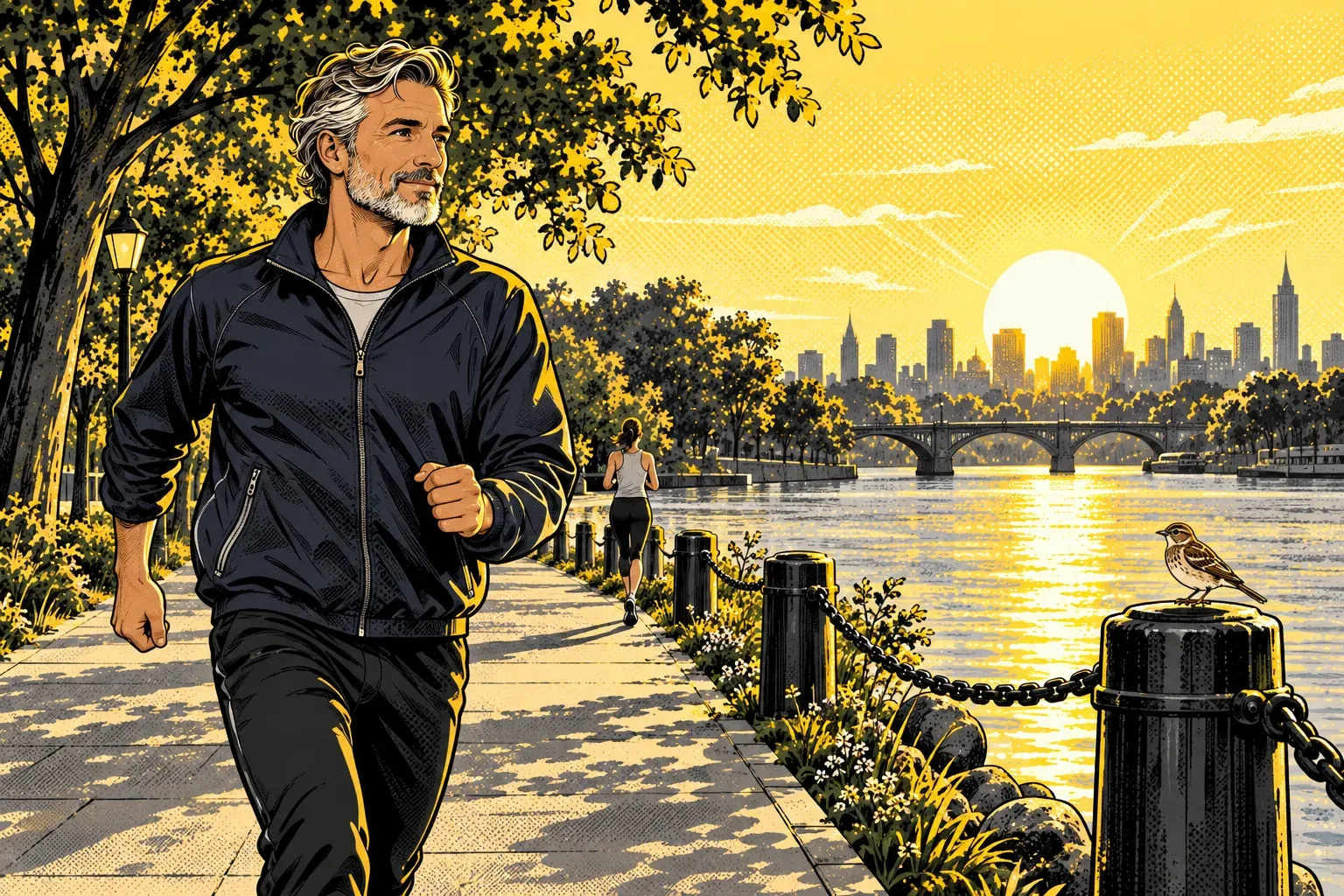 Ink and halftone illustration of a riverside path at sunrise. A tall man in his early 60s with wavy silver hair, a trimmed silver beard and a navy track jacket strides along the path toward the viewer under leafy trees, while a woman in a grey tank top and black leggings runs away from the viewer in the middle distance of the same path, beside a chain railing along the water. A yellow sun rises over a city skyline and an arched bridge across the river, and a small brown bird sits on a black mooring post beside the water.