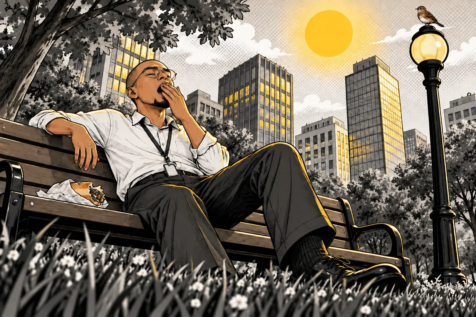 Ink and halftone illustration seen from low in the grass of a city park. A bald man in his late 20s with thin wire glasses, a short chin beard, a white shirt and an office lanyard leans back on a wooden park bench, yawning with a hand at his mouth. A half-eaten sandwich in its wrapper lies on the bench beside him. Office towers rise behind him under a grey halftone sky with a yellow sun, and a small brown bird sits on top of the street lamp beside the bench.