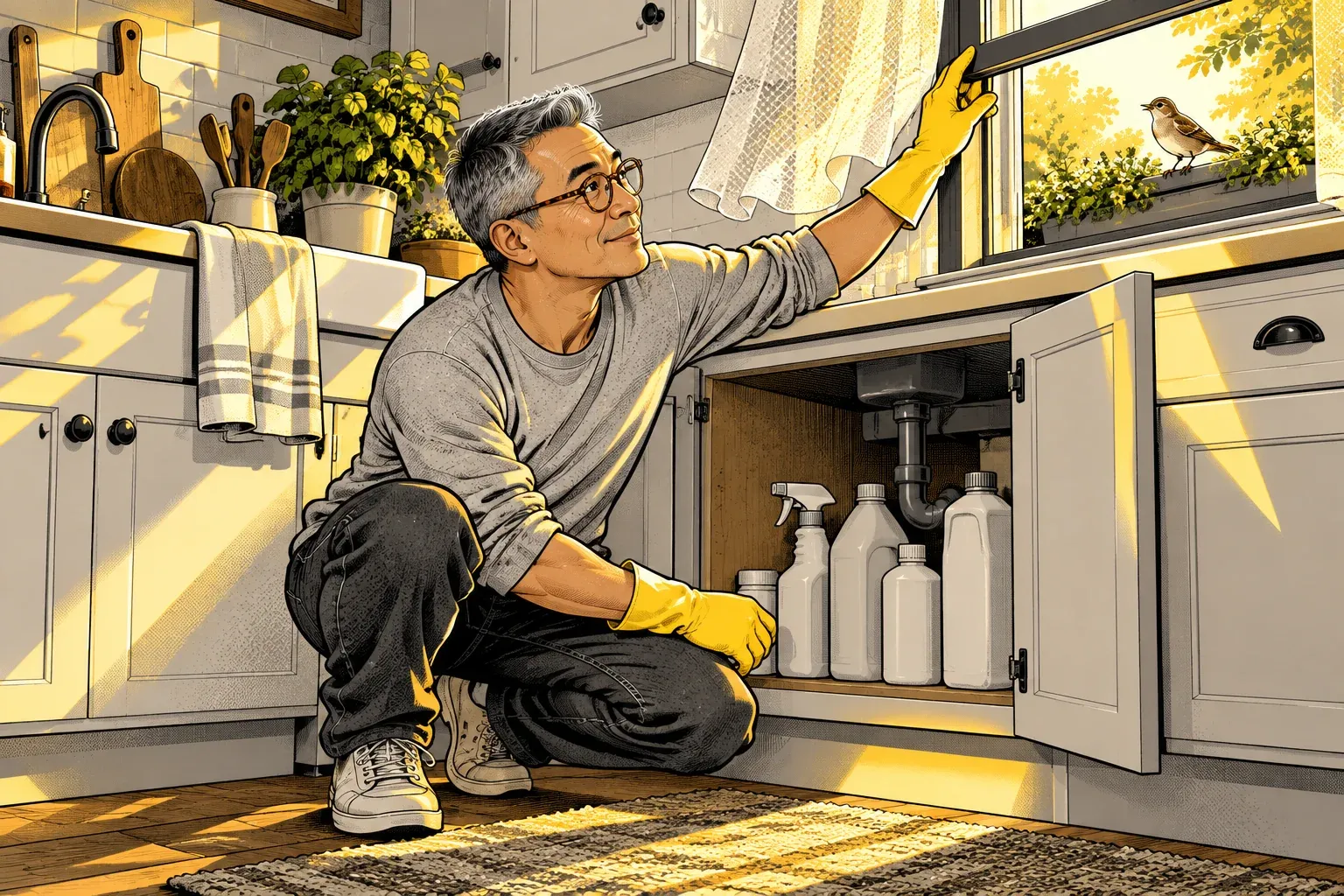 Ink and halftone illustration of a sunny kitchen. A man in his 50s with a grey crew cut, round glasses, a grey sweatshirt and yellow rubber gloves crouches at an open under-sink cabinet full of plain unlabeled bottles and reaches up to open the kitchen window. Outside, a small brown bird sits in the window box among green plants.