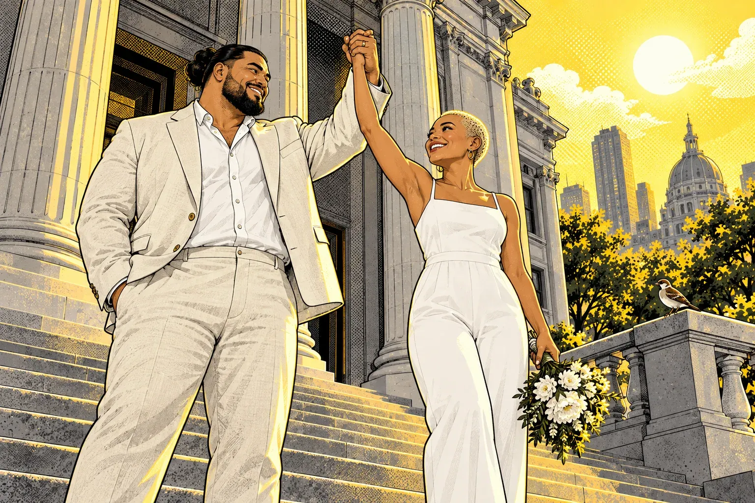 Ink and halftone illustration of a newly married couple on sunny city hall steps. A bearded man with his hair in a bun, wearing a cream linen suit and a white shirt, raises his joined hand with a smiling woman who has a bleached buzz cut and small hoop earrings and wears a white jumpsuit. She holds a bouquet of white flowers. Stone columns rise behind them, towers and a domed building stand against a yellow sky, and a small brown bird sits on the stone balustrade.
