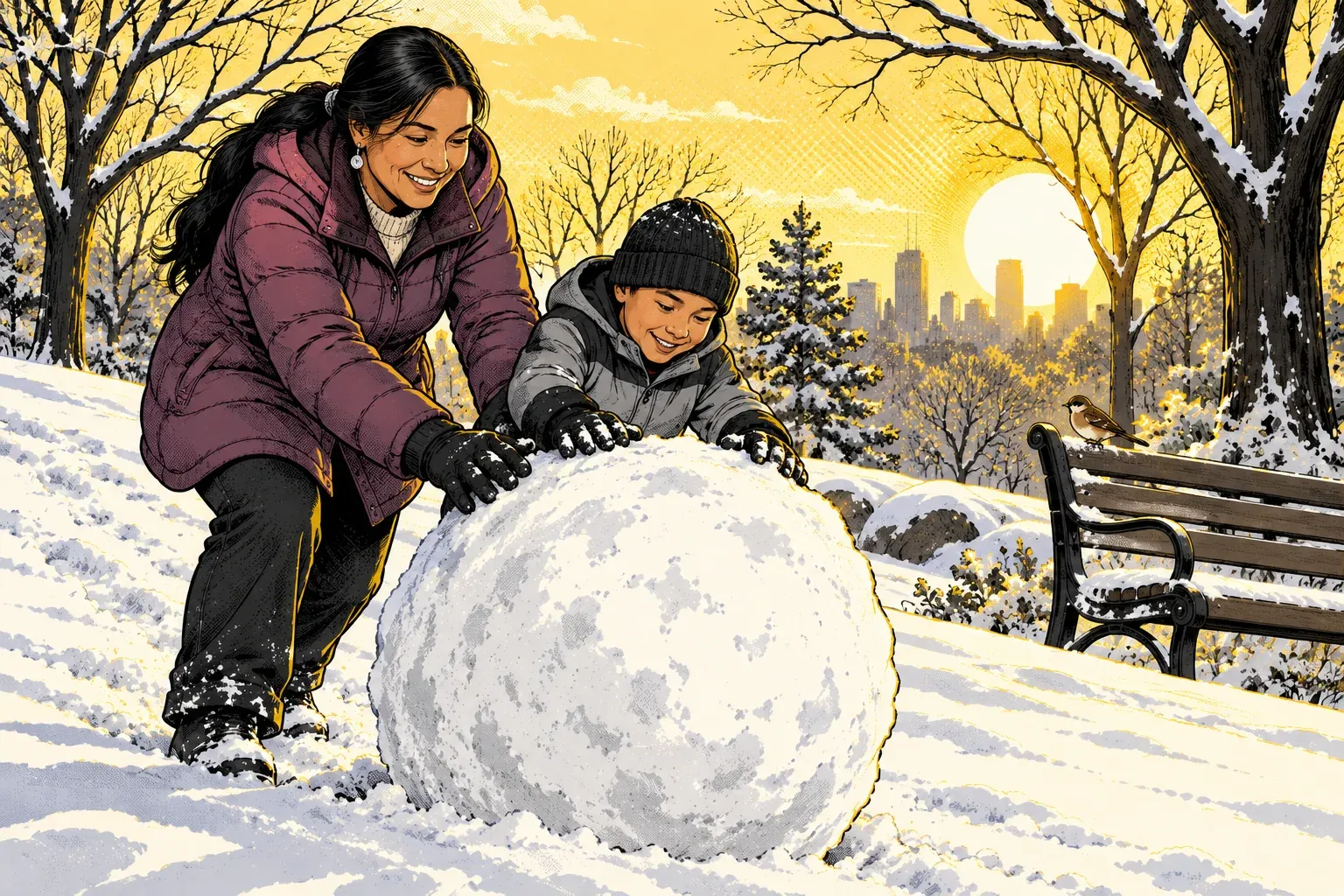 Ink and halftone illustration of a snowy city park in winter. A woman in her 40s with long black hair in a low ponytail and a plum puffer coat helps her young son in a knit hat and grey jacket roll a large snowball across the snow. A low winter sun glows behind bare trees and a distant skyline, and a small brown bird sits on the back of a park bench.