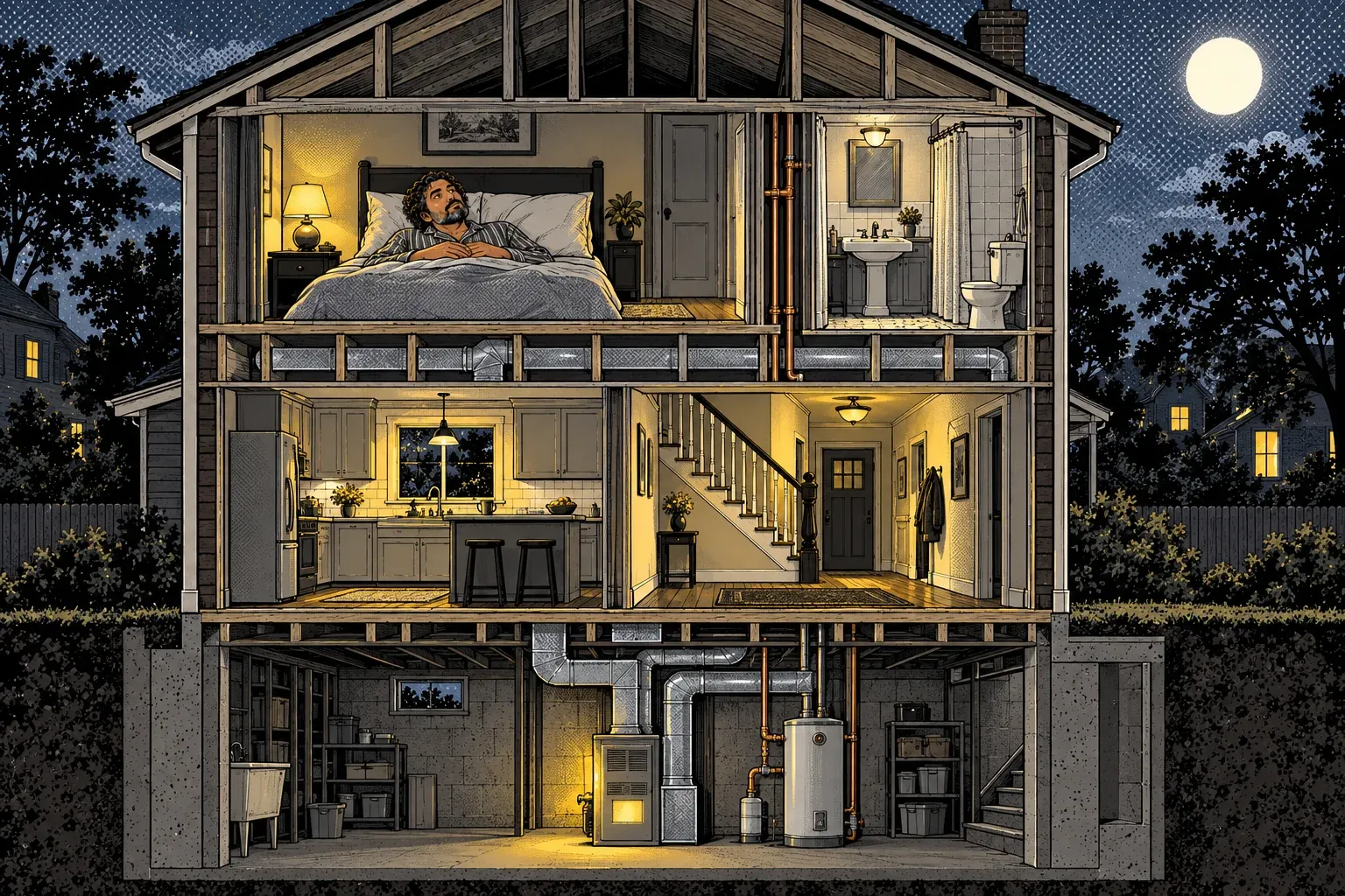 Ink and halftone cutaway of a two-story wooden house at night with the front wall removed. Under the pitched roof, a man with dark curly hair and striped pajamas lies awake in bed beside a glowing lamp, next to a small bathroom. Sheet-metal ducts run through the floor between the two stories, copper pipes climb a wall, and the basement holds a softly glowing furnace and a water heater. A full moon hangs over the trees.