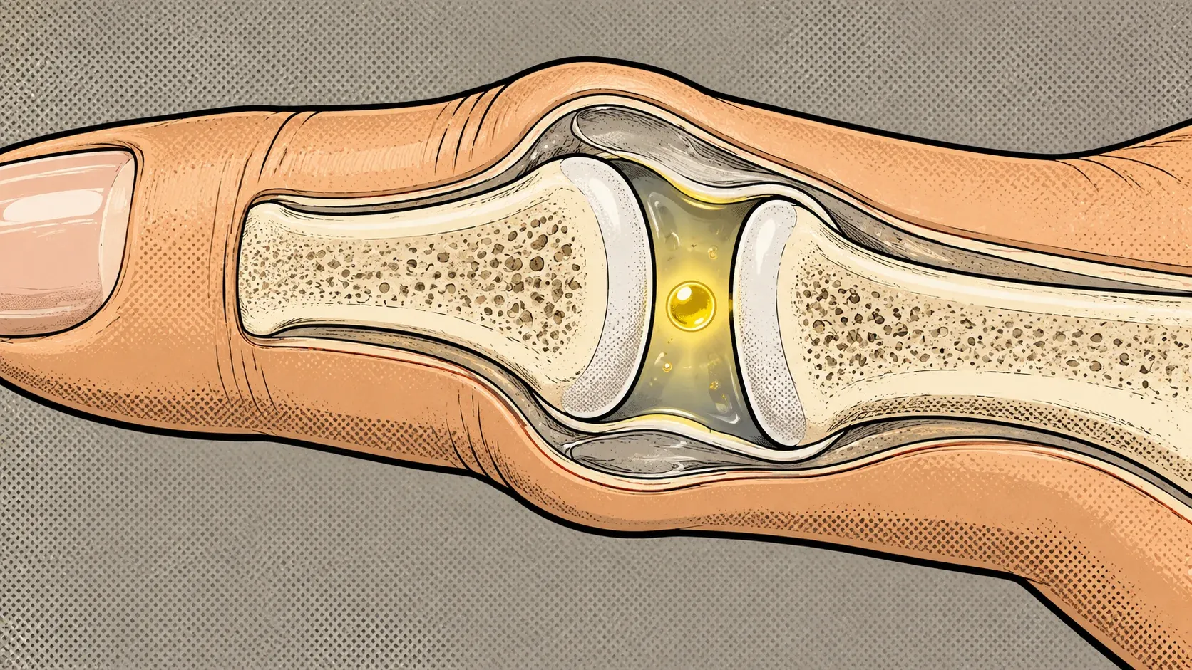 Ink and halftone cutaway of a finger seen from the side, with the skin opened at one joint. Two bone ends with white cartilage caps face each other across a gap filled with clear fluid, and one small round bubble glows yellow in the middle of that fluid.