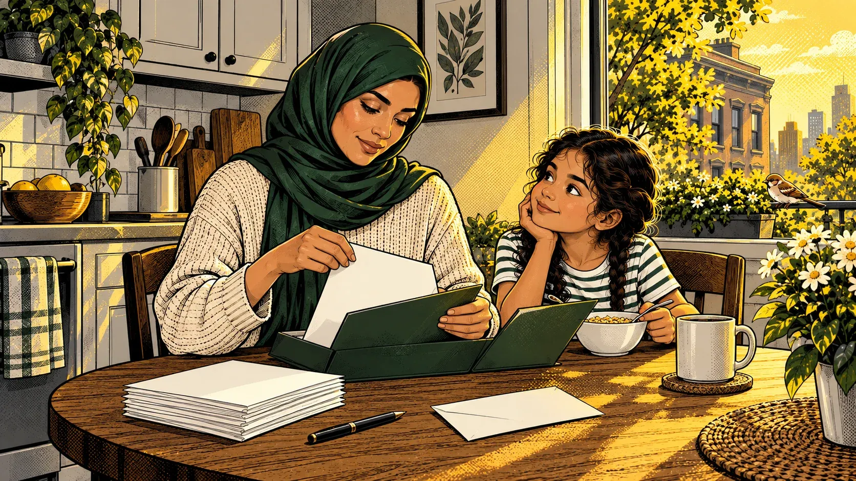 Ink and halftone illustration of a sunny kitchen in the morning. The young woman in the dark green hijab and cream knit sweater sits at a round wooden table and slides a blank sheet into a dark green folder, with a stack of blank papers, an envelope, a pen and a mug in front of her. Her daughter, about 7, with dark braids and a striped t-shirt, rests her chin on her hand beside a bowl of cereal and smiles up at her. A small brown bird sits on the window ledge outside.