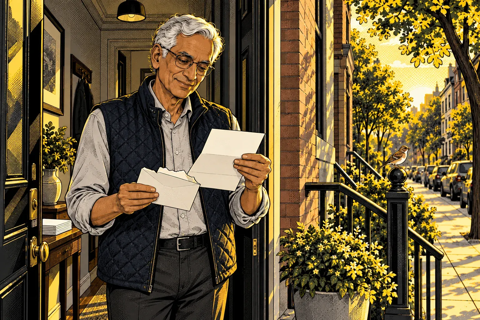 Ink and halftone illustration of a brick row house in late-afternoon light. An Indian man in his 60s with white hair, glasses, a quilted navy vest and a grey shirt stands in the open front doorway holding a torn-open envelope in one hand and a blank folded letter in the other. A stack of envelopes sits on a hall table behind him, and a small brown bird perches on the iron stoop railing by a potted plant.