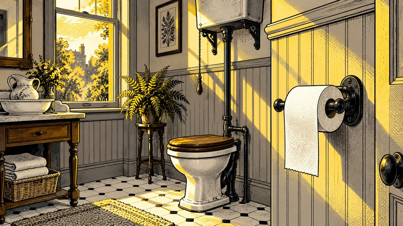 Ink and halftone illustration of an old-fashioned bathroom in morning light. A roll of toilet paper hangs on a black iron wall fixture beside a wooden door, its loose end falling over the front of the roll. Behind it stand a toilet with a wooden seat and a high tank with a pull chain, beadboard walls, a fern on a small stand, and a washstand with a china pitcher and basin under a tall sash window.