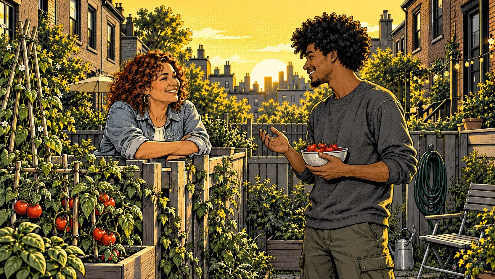 Ink and halftone illustration of two neighbors talking over a wooden garden fence between rowhouse backyards at sunset. On the left, a woman with curly copper hair and a denim shirt leans her arms on the fence and smiles. On the right, a young man with an afro and a grey sweatshirt holds a bowl of tomatoes and gestures as he talks. Tomato plants grow on her side, and a folding chair and garden hose sit on his.