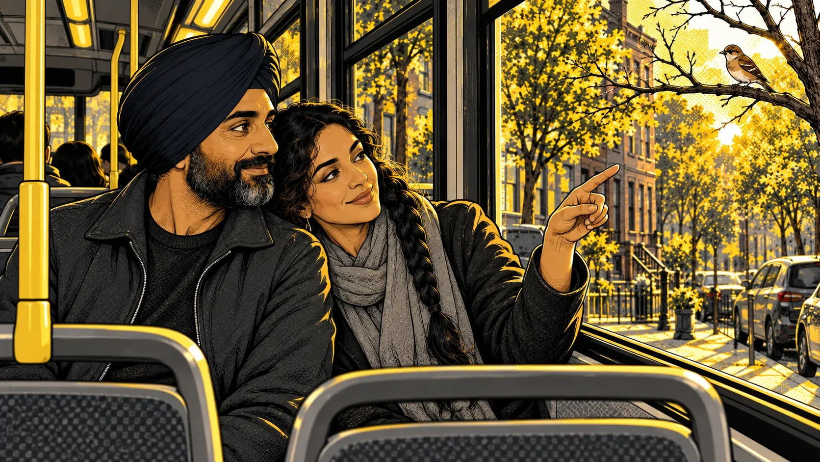 Ink and halftone illustration of a woman with a long dark braid and a grey scarf on a city bus in late afternoon sun, pointing out the window at a small brown bird on a bare branch. Her husband, in a navy turban with a grey-flecked beard, has turned his head toward the window to follow her finger, smiling.