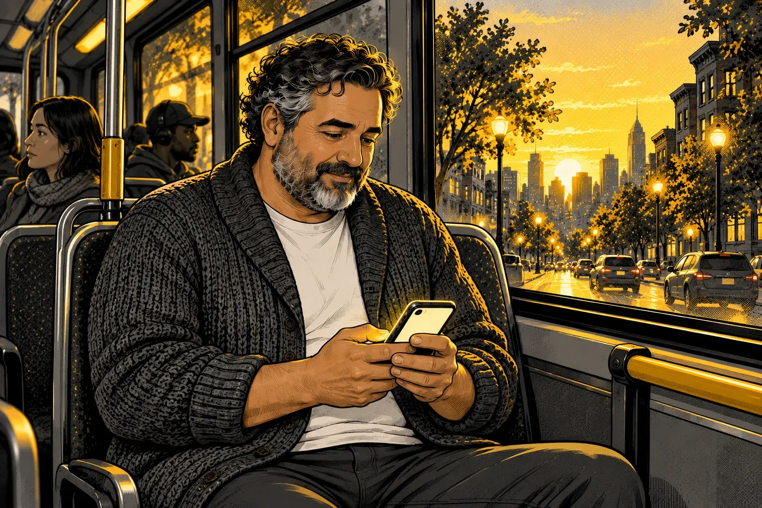 Ink and halftone illustration of the curly-haired man in the grey cardigan riding a city bus at dusk, looking down at a phone in both hands with a kind, thoughtful expression. Streetlights glow through the window behind him.