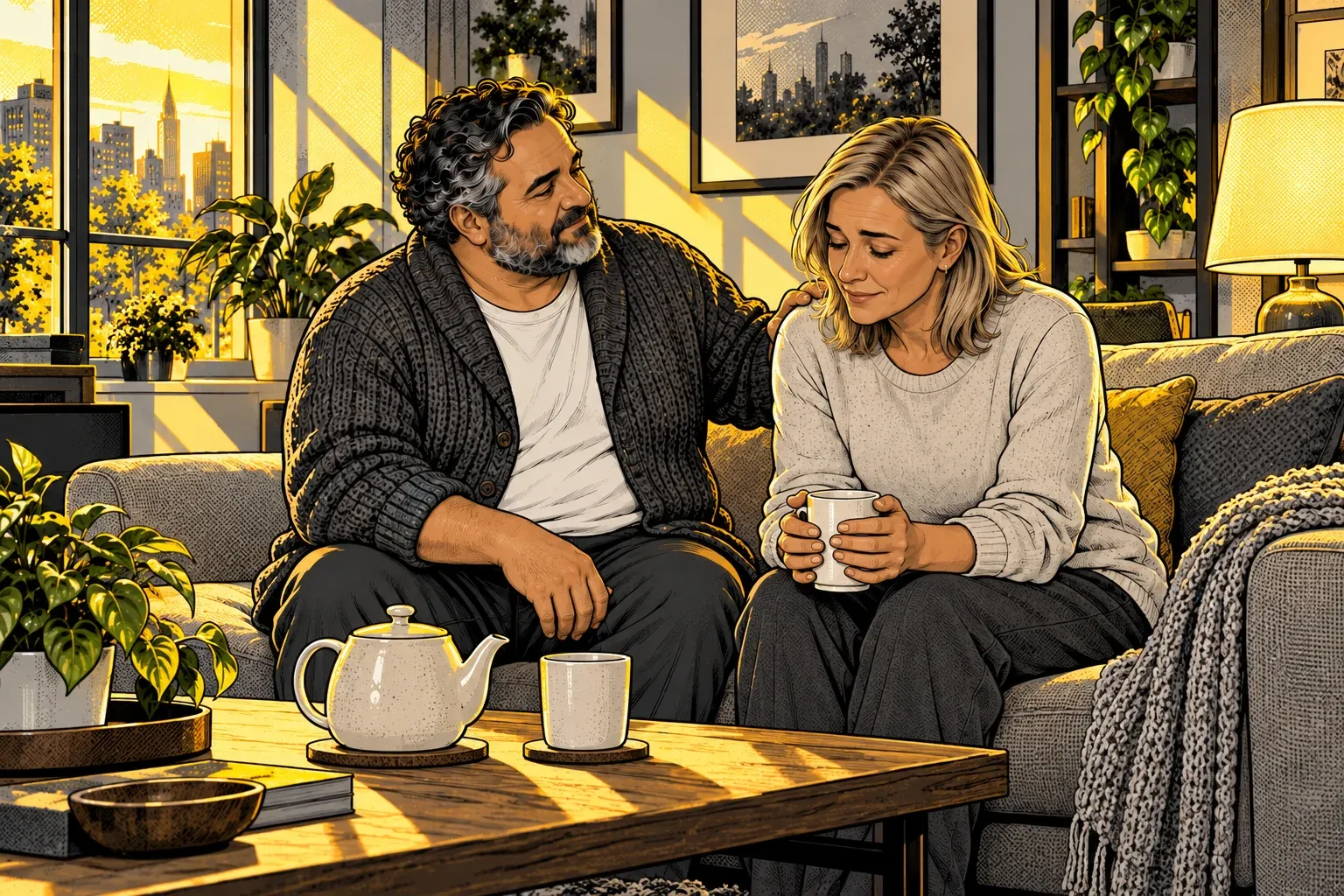 Ink and halftone illustration of the curly-haired man in the grey cardigan sitting beside his friend on her sofa in late afternoon sun. She holds a mug in both hands with her eyes lowered, and his hand rests on her shoulder. A teapot and a second mug sit on the coffee table.