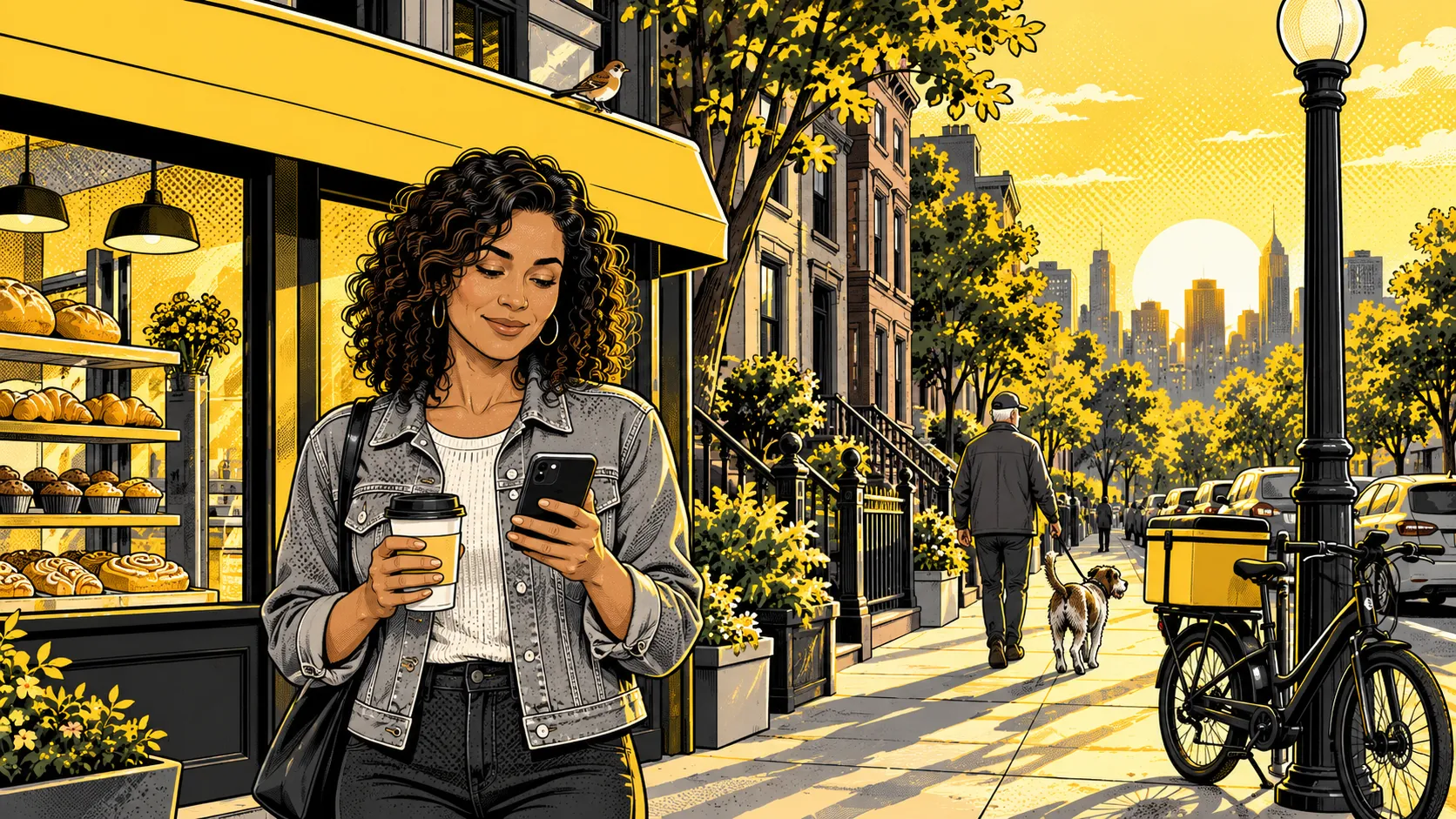 Ink illustration of a woman with coffee and her phone outside a bakery at sunrise, an older man walking his dog behind her, a small lark on the awning