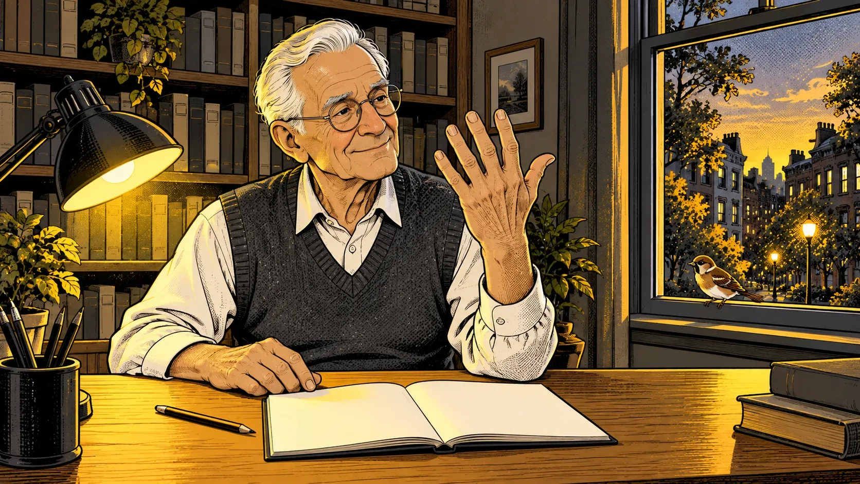 Ink and halftone illustration of a slim man in his 80s with swept-back white hair and round wire glasses, in a white shirt and dark sweater vest, sitting at a wooden desk in a book-lined study under a yellow desk lamp. He holds his left hand up with the fingers spread and a small smile on his face, his right hand resting flat beside a blank open notebook and a pencil, while a small brown bird sits on the window ledge outside against a yellow dusk sky.