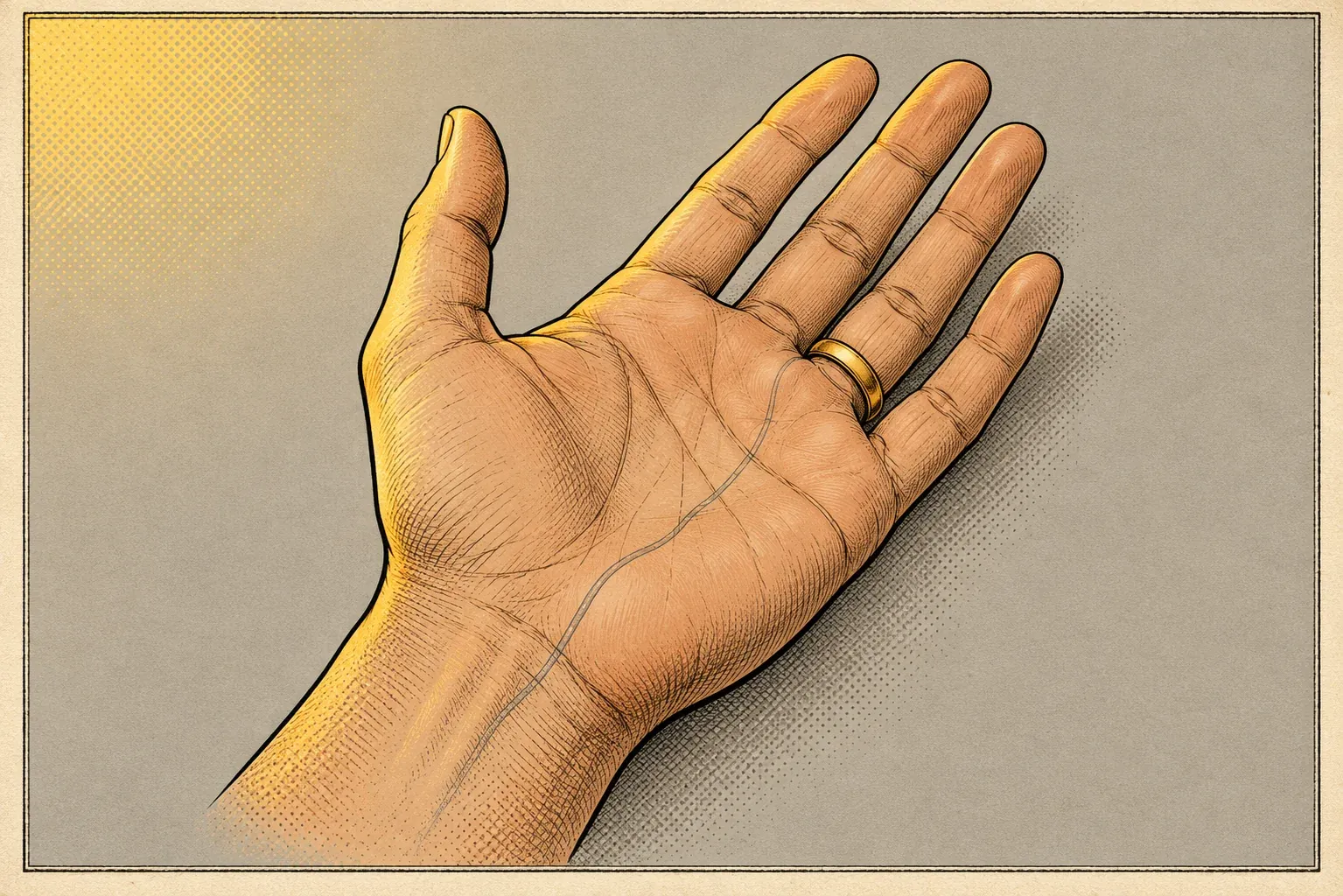 Ink and halftone illustration of a left hand laid palm up like a plate from an old anatomy book, on warm grey paper inside a thin engraved border. A plain gold band sits at the base of the fourth finger, and one fine drawn line runs from that finger across the palm to the wrist. Yellow light falls from the upper left corner.
