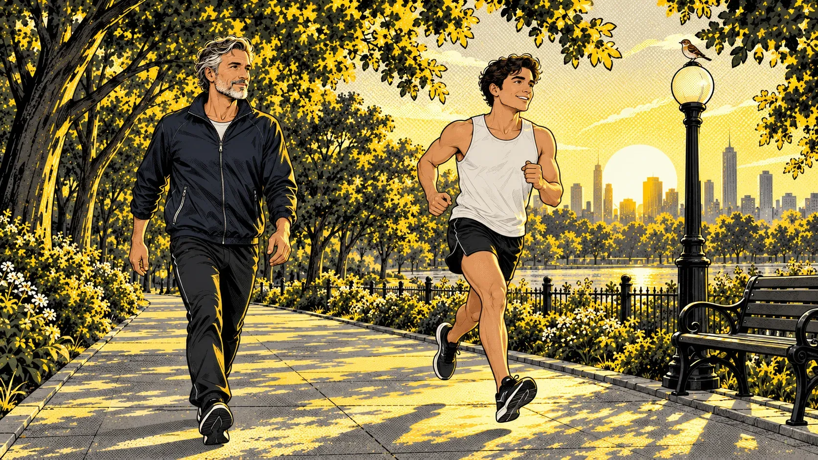 Ink and halftone illustration of the silver-bearded man in a navy track jacket walking upright along a tree-lined riverside path, arms low at his sides, while a young man with dark curly hair, a white tank top and black shorts runs past him on the right. Patches of yellow sunlight fall on the paving, a yellow sun sets behind a city skyline across the water, and a small brown bird perches on top of a lamp post beside a park bench.